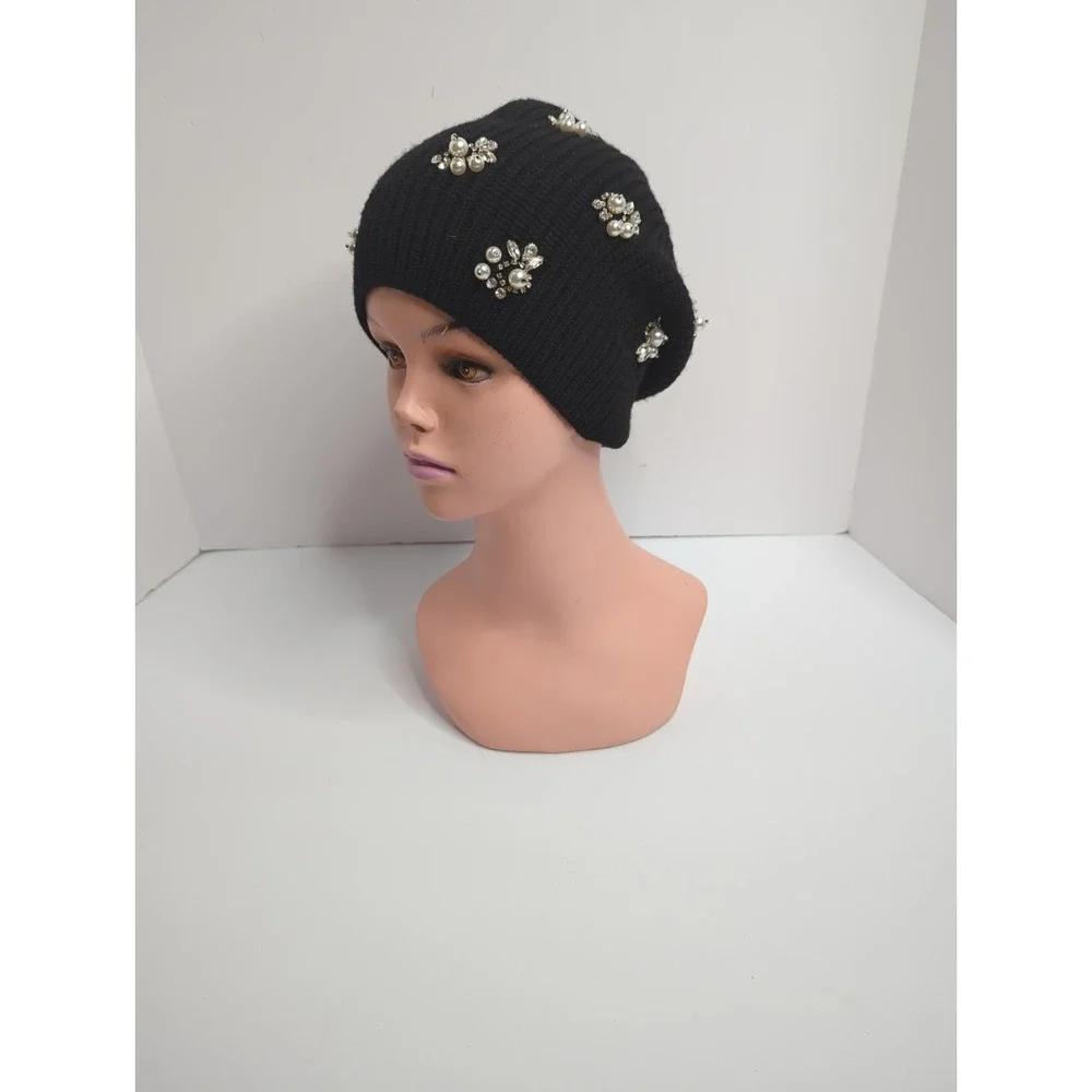 Alice + Olivia Black Wool Beret Knit Hat Rhinestone Slouchy Beanie Whimsigoth